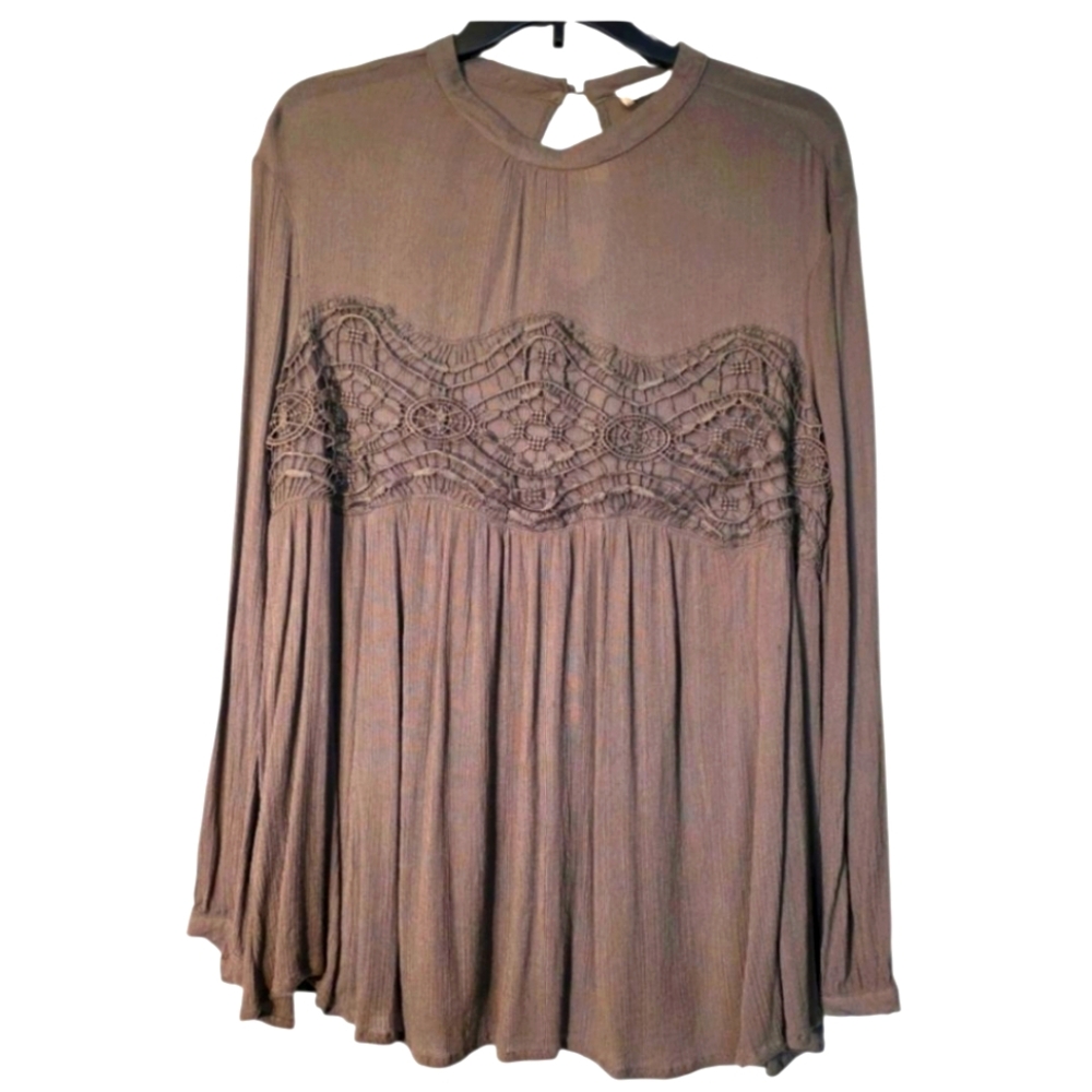Altar'd State Boho Tunic Top Taupe Tan Lace Macrame Overlay Detail L EUC